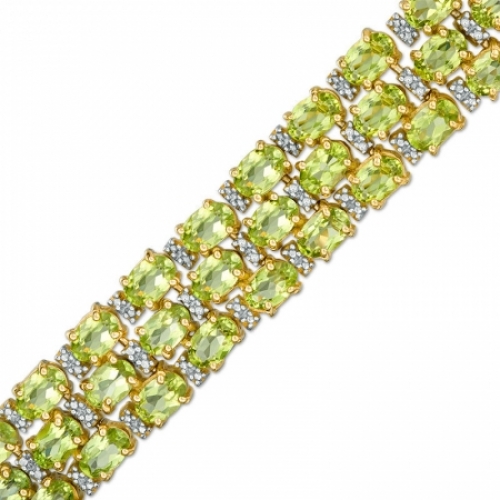 Серебряный браслет из трех рядов с овальными перидотами и круглыми бриллиантами