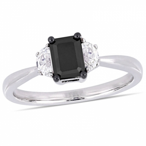 Женское кольцо из белого золота 585 пробы с черным бриллиантом и белым сапфиром