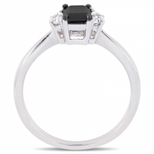 Женское кольцо из белого золота 585 пробы с черным бриллиантом и белым сапфиром