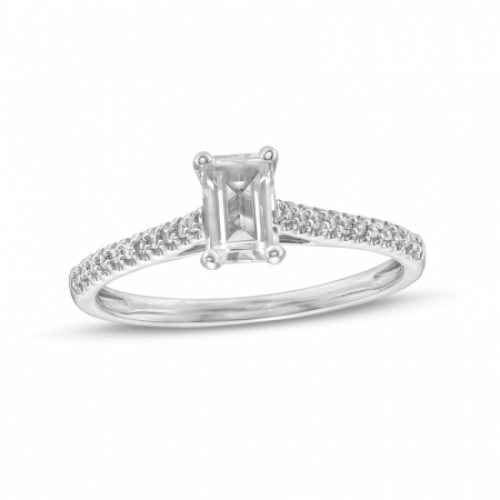 Помолвочное кольцо из белого золота с белым сапфиром 6*4 мм огранки Октагон и бриллиантами