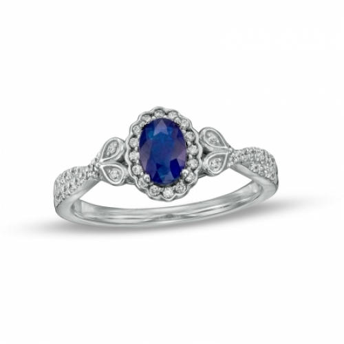 Помолвочное кольцо из белого золота  с  голубым сапфиром 6*4 мм огранки Овал и бриллиантами