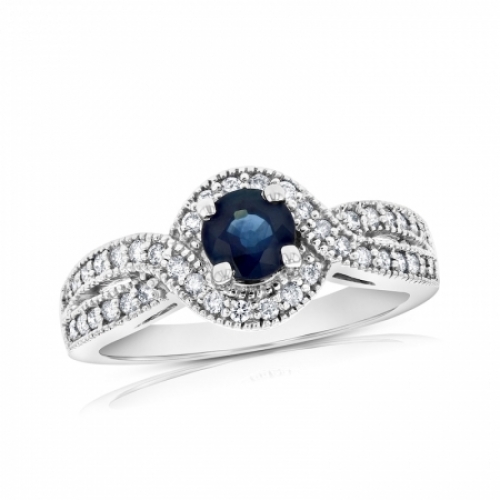 Помолвочное кольцо из белого золота с голубым сапфиром и дорожками из бриллиантов