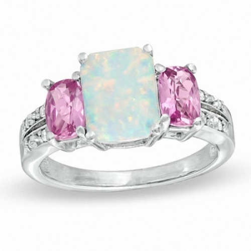Женское кольцо из белого золота 585 пробы с опалом и розовым сапфиром