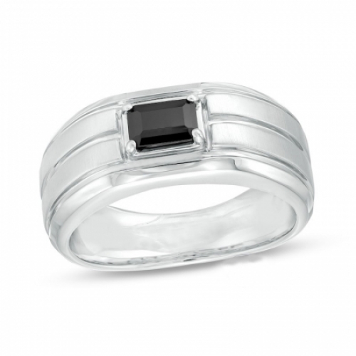 Мужское кольцо из белого золота 585 пробы с черным бриллиантом и сапфиром