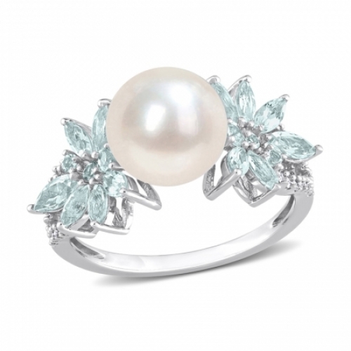 Женское кольцо из белого золота 585 пробы с белым жемчугом, аквамарином и бриллиантом