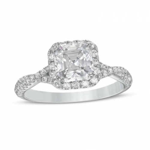 Помолвочное кольцо с Роскошным бриллиантом огранки Ашер, россыпью небольших бриллиантов и дополнением голубых сапфиров