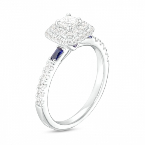 Помолвочное кольцо из белого золота необычайным бриллиантом Ашер, голубыми сапфирами и россыпью круглых бриллиантов