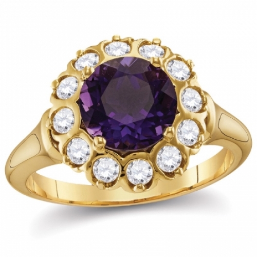 Женское кольцо из желтого золота 585 пробы с аметистом и бриллиантом