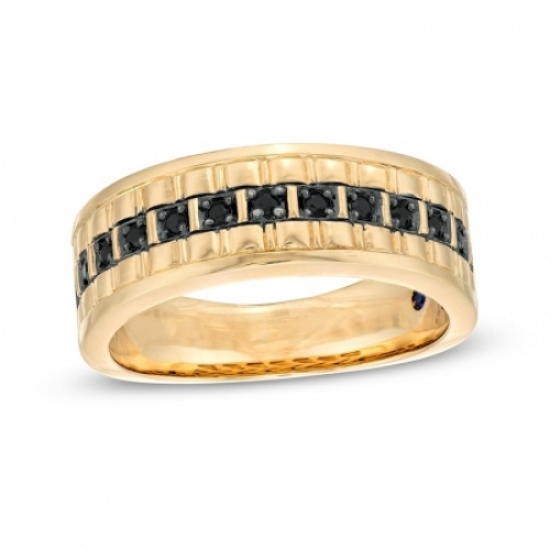 Мужское кольцо из желтого золота 585 пробы с черным бриллиантом и сапфиром