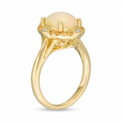 Женское кольцо из желтого золота 585 пробы с опалом, гранатом и бриллиантом