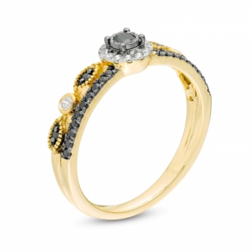 Женское кольцо из желтого золота 585 пробы с черными и белыми бриллиантами