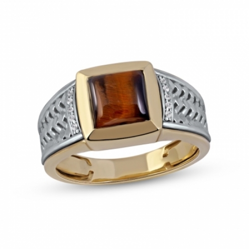 Мужское кольцо из золота 585 пробы с тигровым глазом и бриллиантами