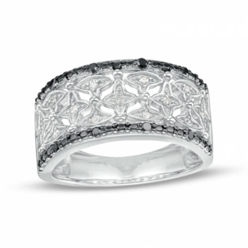 Женское кольцо из серебра 925 пробы с черными и белыми бриллиантами