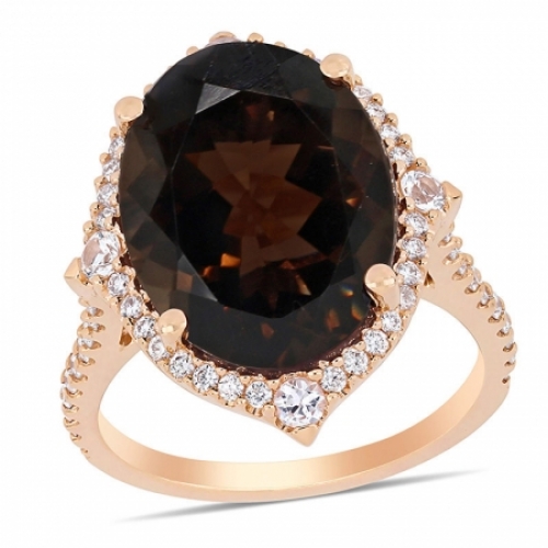 Женское кольцо из красного золота 585 пробы с кварцем, белым сапфиром и бриллиантом