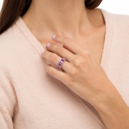 Женское кольцо из серебра 925 пробы с аметистом, кварцем и белым сапфиром