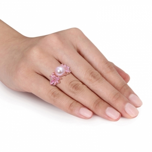 Женское кольцо из красного золота 585 пробы с розовым жемчугом, сапфиром и бриллиантами