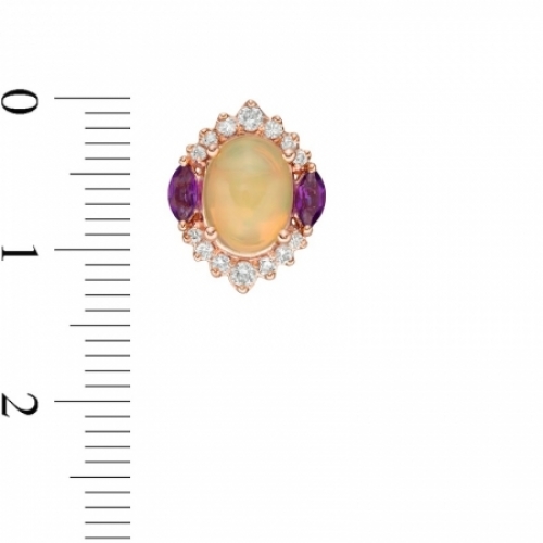 Серьги-гвоздики из красного золота 585 пробы с опалом, аметистом и бриллиантом