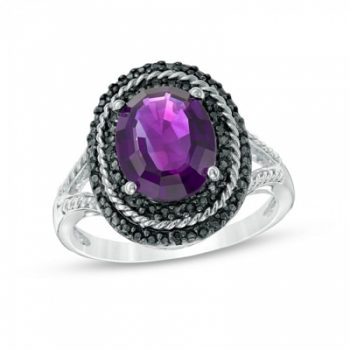 Женское кольцо из серебра с аметистом и черным бриллиантом