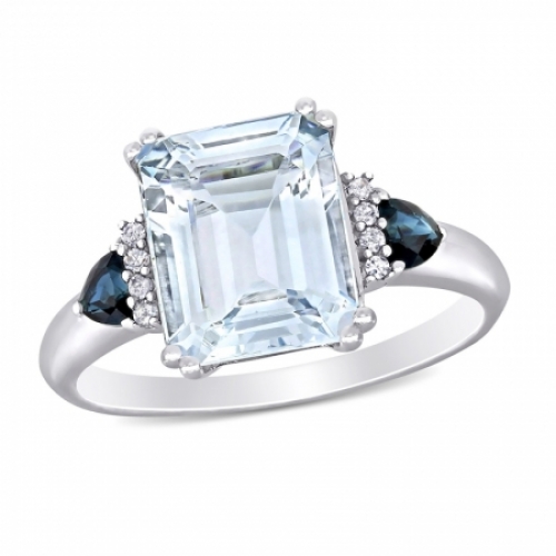 Женское кольцо из серебра с аквамарином, сапфиром и бриллиантами