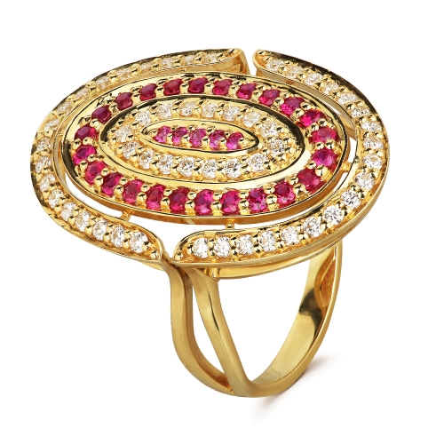 Кольцо из жёлтого золота с рубинами и бриллиантами