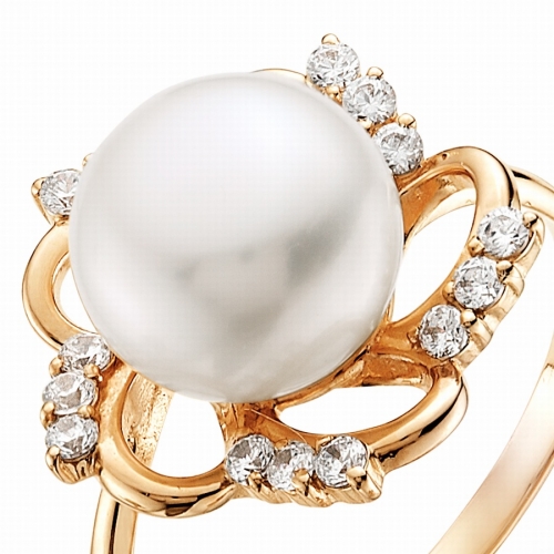 Золотое кольцо Цветок с белым жемчугом, фианитами