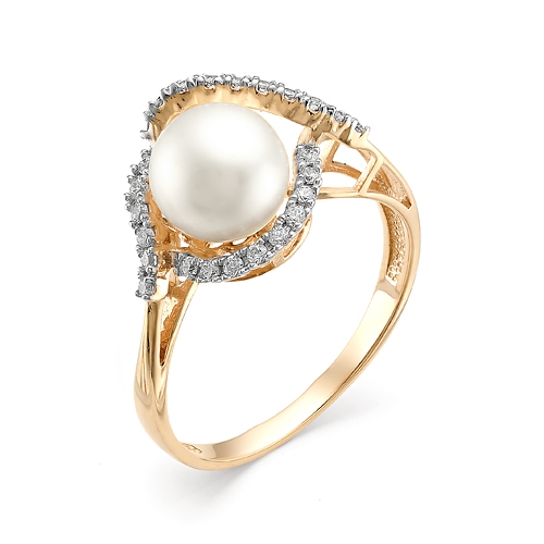 Женское кольцо из красного золота 585 пробы с жемчугом и фианитами