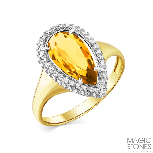 Женское кольцо из желтого золота 585 пробы с цитрином и фианитами