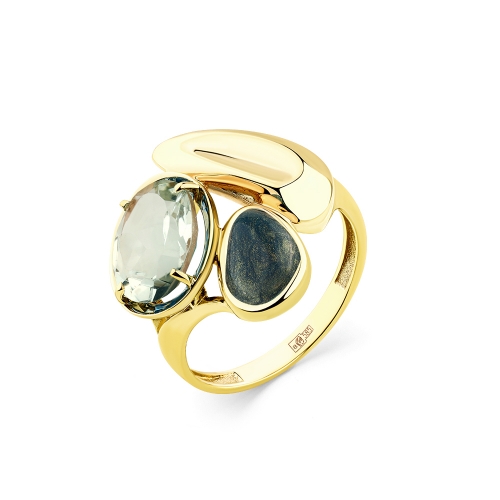 Женское кольцо из желтого золота 585 пробы с празиолитом и эмалью