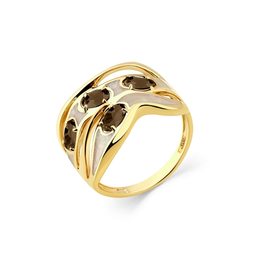 Женское кольцо из желтого золота 585 пробы с раухтопазом и эмалью