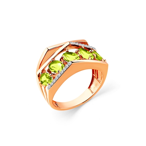 Женское кольцо из красного золота 585 пробы с хризолитом и фианитами