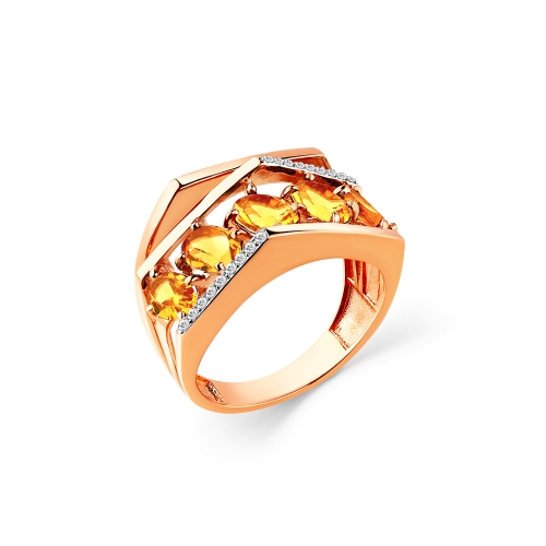 Женское кольцо из красного золота 585 пробы с цитрином и фианитами