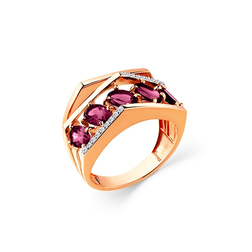 Женское кольцо из красного золота 585 пробы с родолитом и фианитами