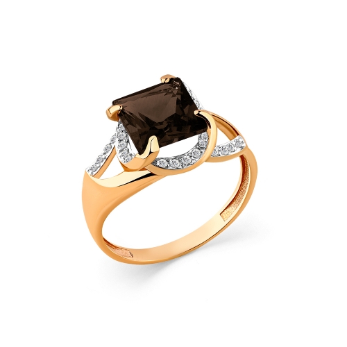 Женское кольцо из красного золота 585 пробы с раухтопазом и фианитами