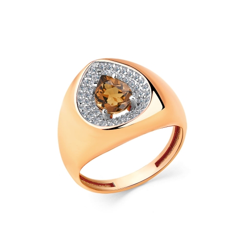 Женское кольцо из красного золота 585 пробы с кварцем и фианитами