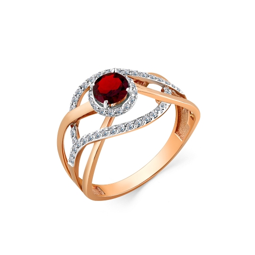 Женское кольцо из красного золота 585 пробы с гранатом и фианитами