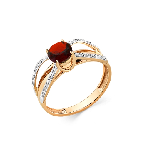 Женское кольцо из красного золота 585 пробы с гранатом и фианитами