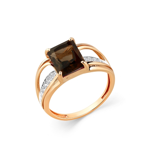 Женское кольцо из красного золота 585 пробы с раухтопазом и фианитами