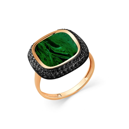 Женское кольцо из красного золота 585 пробы с малахитом и фианитами