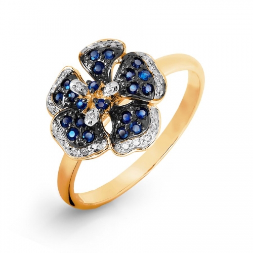 Ювелирный завод Топаз Золотое кольцо Цветок с сапфирами, бриллиантами