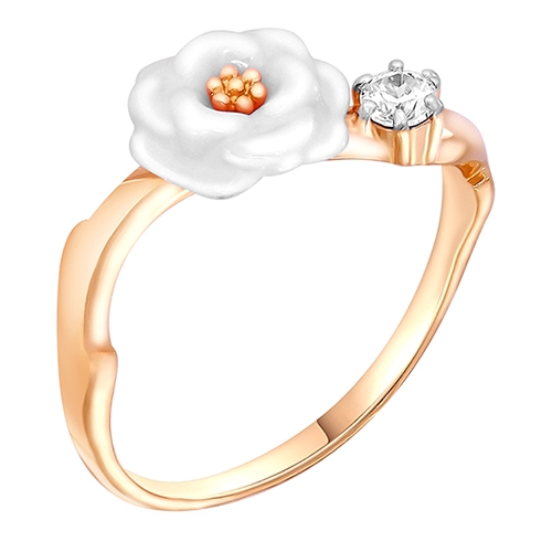 Женское кольцо из красного золота 585 пробы c керамикой и фианитами