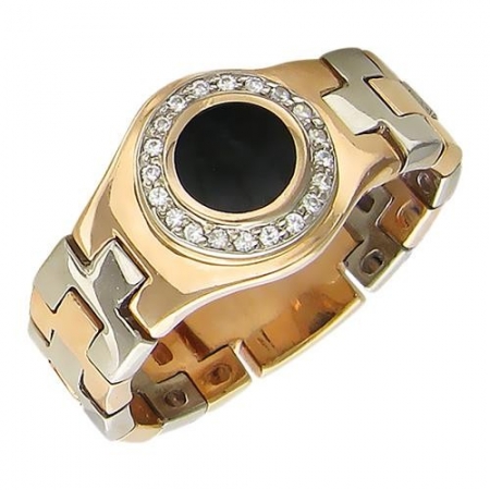 Мужское кольцо из комбинированного золота с ониксом, фианитом