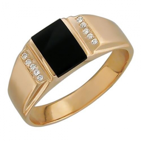 Мужское кольцо из красного золота с ониксом, фианитом