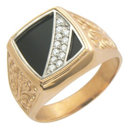 Мужское кольцо из комбинированного золота с ониксом, фианитом