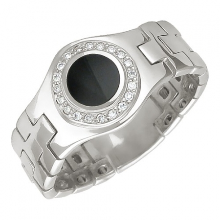 01К622290 мужское кольцо из белого золота c ониксом, бриллиантом