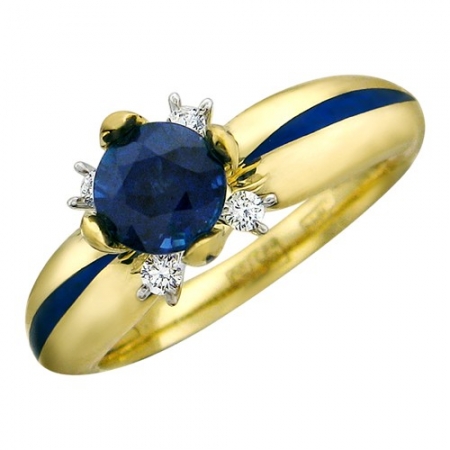Россия Женское кольцо из желтого золота c сапфиром, эмалью и бриллиантом