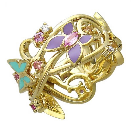 Россия Женское кольцо Бабочка из желтого золота c цветными камнями