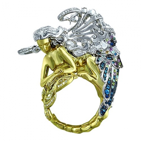 Россия Женское кольцо Мифология из комбинированного золота c сапфиром, бриллиантом
