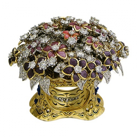 Женское кольцо Букет из комбинированного золота c эмалью, бриллиантом