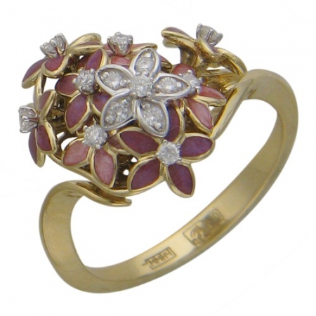 01К685613ЭL женское кольцо цветок из комбинированного золота c эмалью, бриллиантом