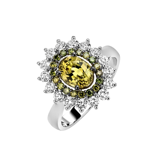 Кольцо из белого золота с бриллиантом, гроссуляром